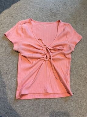 American Eagle Outfitters Pink Ribbed Tie-Front V-Neck Crop Top